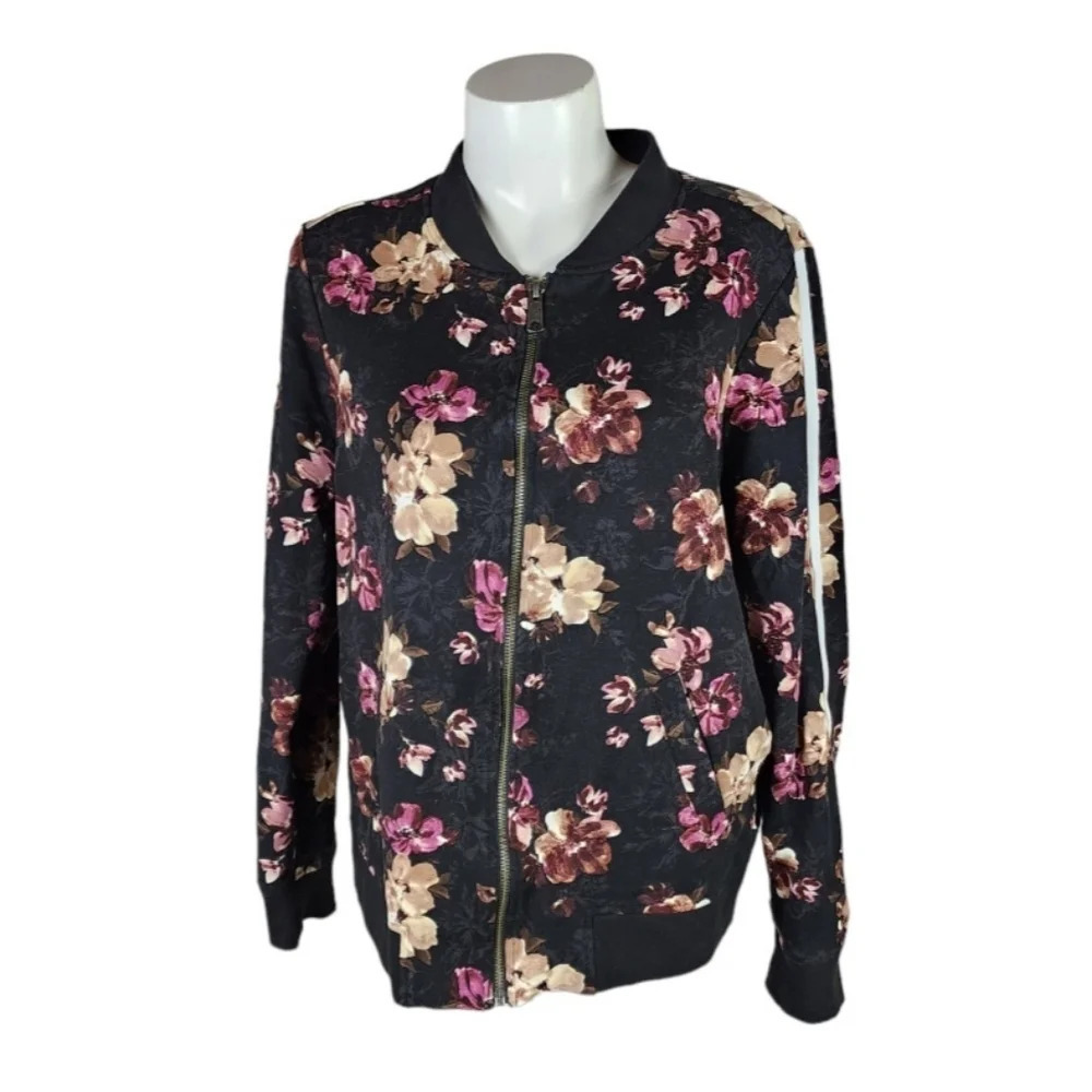 Torrid Zip Front Bomber Jacket Floral Rayon Blend  Black Pink Size 1